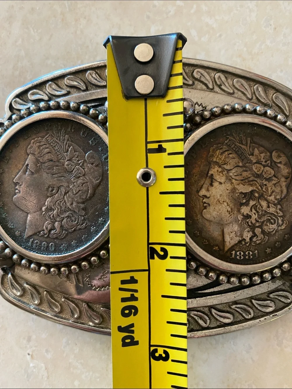 Antique Silver Tone Double Coin Buckle with Morgan Coins